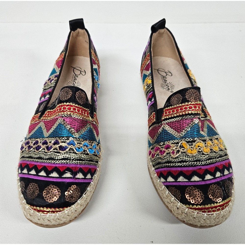 Beacon Womens 8.5M Multi Color Embroidered Sequin Espadrille Flats 560812